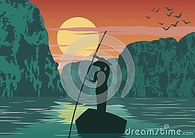 Man row boat to go to come back home by pass Ha long bay famous landmark of Vietnam ,vintage color Vector Illustration