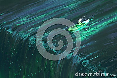 Man rowing in glowing green boat near edge of waterfall Cartoon Illustration