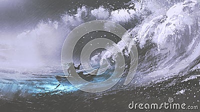 Man in a boat in stormy sea Cartoon Illustration