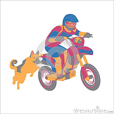 The man run motorcross with his puppy German Shepherd dog, wearing protective gear prevent accident, extreme sports activity Vector Illustration