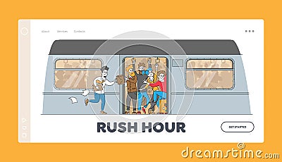 Man Run in Subway Platform to Crowded Train in Rushtime Landing Page Template. Characters Pushing Each Other in Metro Vector Illustration