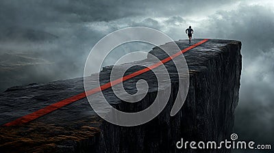 Man running on cliff edge with red path in foggy landscape symbolizing challenge and determination Stock Photo