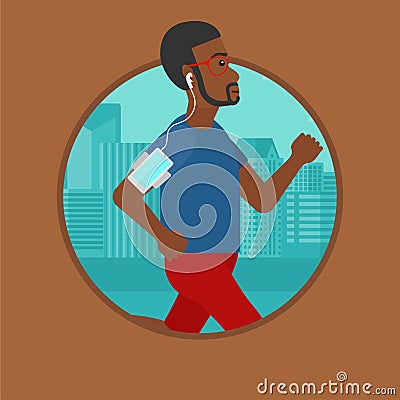 Man running with earphones and smartphone. Vector Illustration
