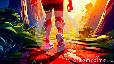 Man running through forest in red shirt and red shorts with the sun shining through the trees behind him. Generative AI Stock Photo