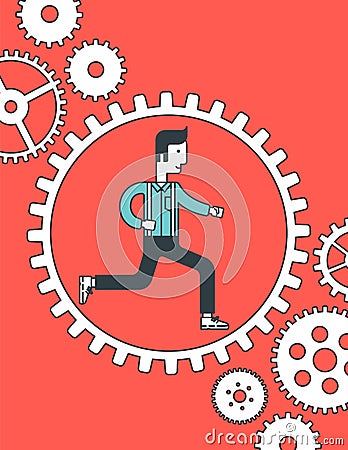 Man running inside the gear. Vector Illustration