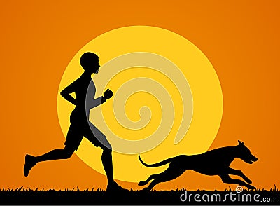 Man running jogging training exercising with his dog at sunset Vector Illustration