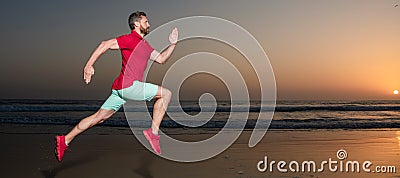 Man running and jumping, banner with copy space. energetic summer. runner feel freedom. hurry up. endurance. Stock Photo