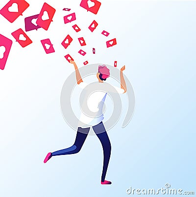 Man running of like notifications. Social media addictions attract attention guy grabbing like notification online Vector Illustration