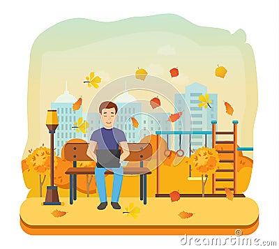 Man running remotely on freelance, on bench in autumn park. Vector Illustration