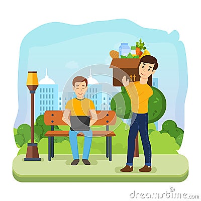 Man running remotely on freelance, guy make purchase carries box. Vector Illustration