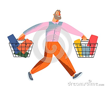 Man running on shopping, shopper people on sales, happy buyer man holding basket Vector Illustration