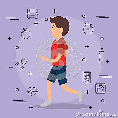 Man running with sports set icons Vector Illustration