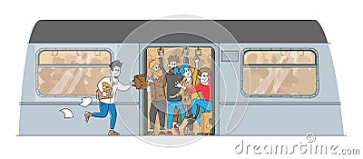 Man Running in Subway Platform to Crowded Train in Rushtime. Characters Pushing Each Other in Full Metro in Peak Hour Vector Illustration