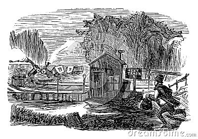 Man Running Towards Train Station, vintage illustration Vector Illustration