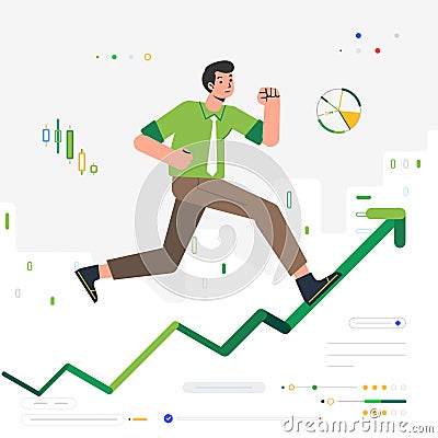 Man running up a business chart arrow graphic that goes upwards grows career Vector Illustration