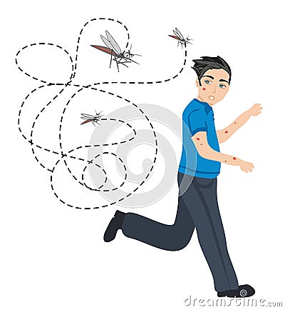 Man runs away from mosquitoes Vector Illustration