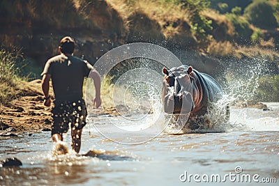 Man runs from a chasing huge aggressive hippopotamus in a river attack, a deadly danger in African wildlife Stock Photo