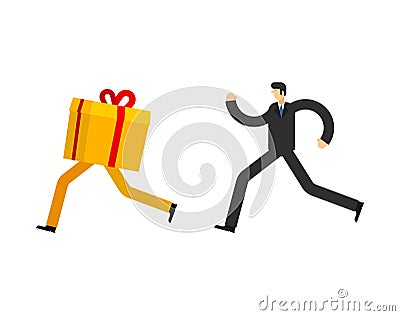 Man runs for Gift box. Christmas sale. Guy running after present. Xmas and New Year vector illustration Vector Illustration