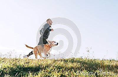 Man runs with his beagle dog. Morning Canicross exercise Stock Photo