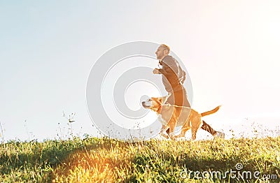 Man runs with his beagle dog. Morning Canicross exercise Stock Photo