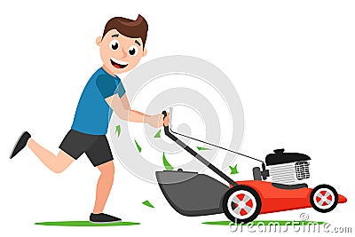 Man runs with a lawn mower on a white background. Lawn mowing Vector Illustration