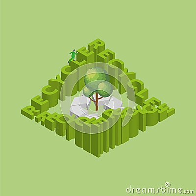 A man runs on a loop of text words RECYCLE and Symbol with a tree. Recycling cycle concept of environmental concern Vector Illustration