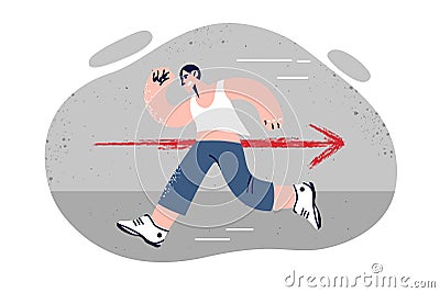 Man runs in opposite direction from arrow demonstrating non-conformism and lack agreement with rules Vector Illustration