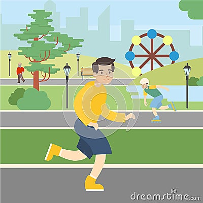 Man runs in the park. Vector Illustration