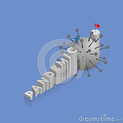 A man runs and steps up a stair, a staircase is text word PANDEMIC Vector Illustration