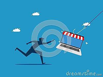 man runs to grab a laptop to shop online Vector Illustration