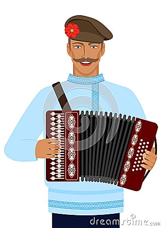 Man in Russian national costume with accordion Vector Illustration