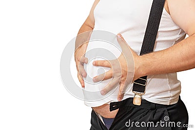 A man with a big belly shows his size with his hands. Stock Photo