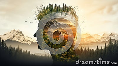 Man s double exposure portrait merged with serene nature, forming a tree face creative beauty Cartoon Illustration