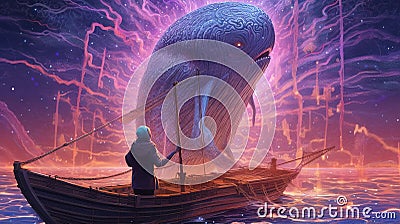 A man's dreamlike encounter with a whale. Ancient symbol of rebirth and symbol of the colossal power of nature. Cartoon Illustration