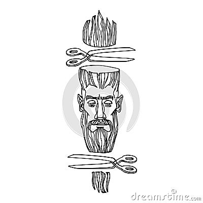 A man`s face in a barber shop with scissors, the concept of a modern haircut Vector Illustration