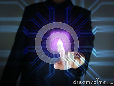 A Man`s Finger Pushes Touch PurPle Virtual Screen Button to Activate Futuristic Artificial Intelligence, AI. Machine Learning. Stock Photo