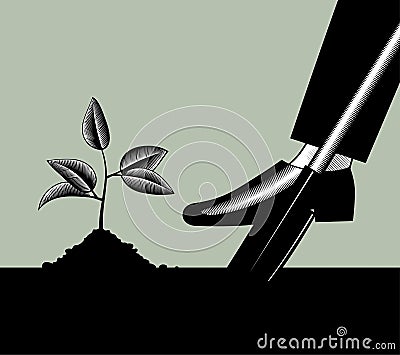 A man`s foot with a shovel digs the ground and plants a plant Vector Illustration