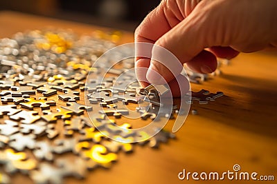 A man's hand assembles a puzzle on a table. Stock Photo
