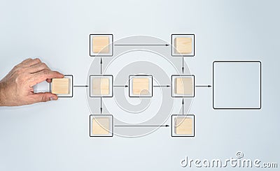 The man's hand is clutching a wooden cube block that is being used to organize processing management. Flowchart-based. Stock Photo