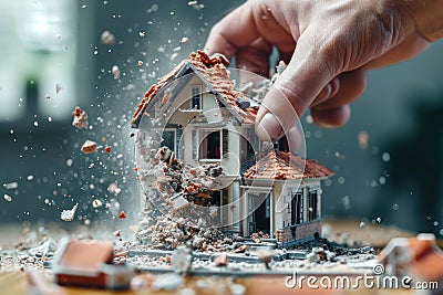 A man's hand destroys a house. Concept of demolition of housing and houses. Stock Photo