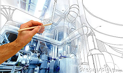 mans hand draws a design of factory combined with photo of modern industrial power plant Stock Photo