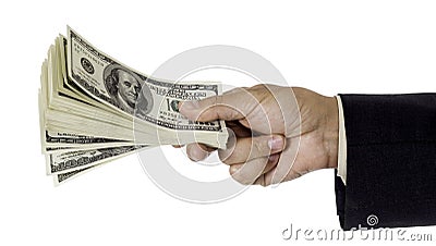 Manâ€™s hand giving pack of dollars Stock Photo