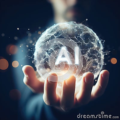 Man's hand holding an AI chat technology sign, symbolizing modern communication with chatbots Stock Photo