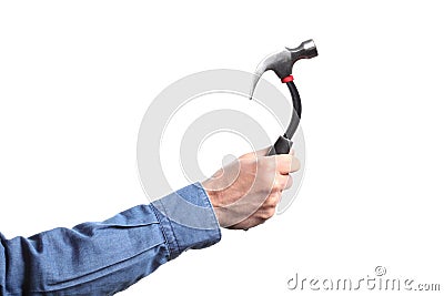 Man`s hand holding a bendy hammer on white background with clipping path and copy space for your text Stock Photo