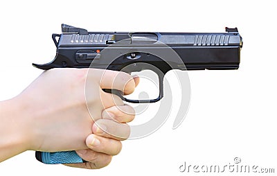 The man`s hand is holding a gun, pointing and ready to shoot. On a white background Stock Photo