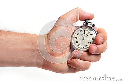 Man's hand holding stopwatch Stock Photo