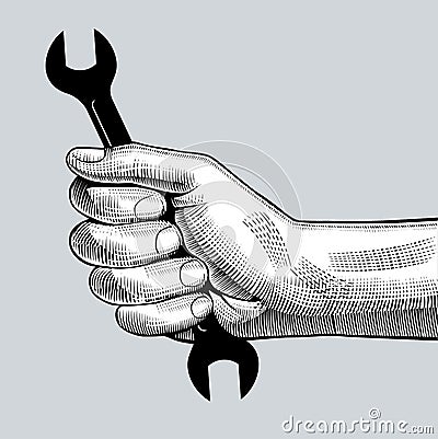 Man`s hand holding wrench Vector Illustration