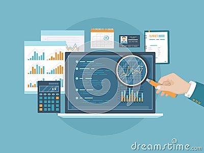 A man`s hand with magnifier above the screen with graphs and charts. Concept of accounting, analysis, audit, financial report Vector Illustration