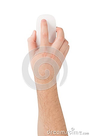 Man's hand on a modern wireless glass touch mouse. Stock Photo