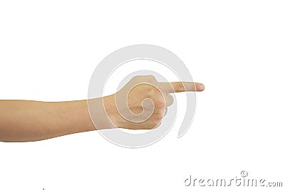 Man's hand pointing at something isolated on white background. Include clipping path Stock Photo